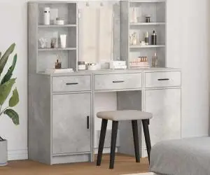 vidaXL Set masă toaletă cu LED, 3 piese, gri beton, lemn prelucrat