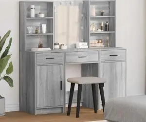 vidaXL Set masă toaletă cu LED, 3 piese, gri sonoma, lemn prelucrat