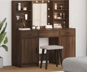 vidaXL Set masă toaletă cu LED, 3 piese, stejar maro, lemn prelucrat
