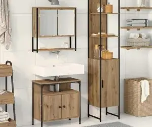 vidaXL Set de mobilier pentru baie din 3 piese, din stejar artizanal, făcut din lemn prelucrat.