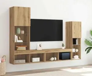 Dulap TV vidaXL cu lumini LED Stejar artizanal 40.5x30x102 cm