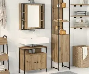 vidaXL Set de mobilier de baie - 3 piese - Lemn de stejar artizanal.