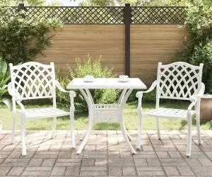 vidaXL Set bistro de grădină, 3 piese, alb, aluminiu turnat