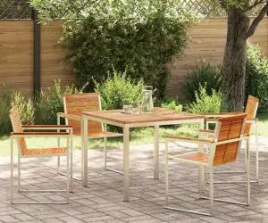 vidaXL Set de dining pentru grădină , 5 piese - masă din lemn de teak și oțel inox.