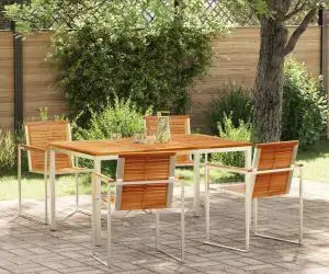 vidaXL Set de dining pentru grădină , 5 piese, masă din lemn de tec și oțel inoxidabil.