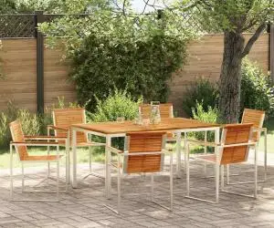 vidaXL Set de dining pentru grădină , 7 piese, masă din lemn masiv de tec și oțel inoxidabil.