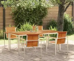vidaXL Set de dining pentru grădină 5 piese, masă din lemn de teak și oțel inoxidabil