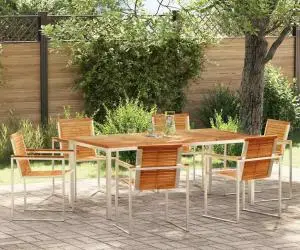vidaXL Set de dining pentru grădină din 7 piese , masă din lemn masiv de teak și oțel inoxidabil.