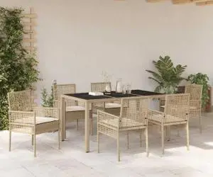 vidaXL Set de masă pentru grădină 7 pcs Bej 150 x 90 x 75 cm Poliratan