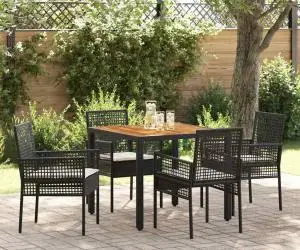 vidaXL Set dining 5 piese pentru grădină cu perne, Negru, Poliratan