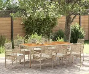 vidaXL Set de dining cu 9 piese pentru grădină cu perne Bej din polirat