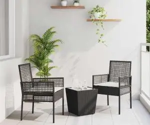 vidaXL Set bistro de grădină, 3 piese, cu perne, negru, poliratan