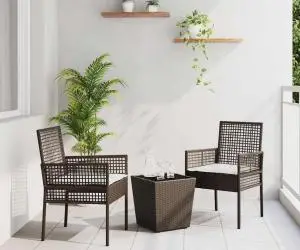 vidaXL Set bistro de grădină, 3 piese, cu perne, maro, poliratan