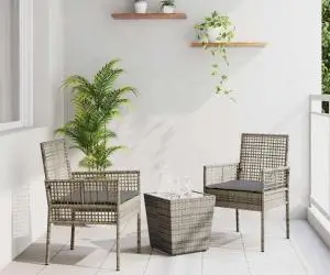 vidaXL Set bistro de grădină, 3 piese, cu perne, gri, poliratan