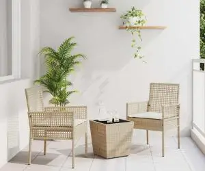 vidaXL Set bistro de grădină, 3 piese, cu perne, bej, poliratan