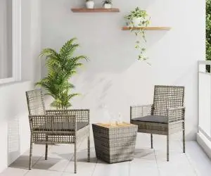 vidaXL Set bistro de grădină, 3 piese, cu perne, gri, poliratan