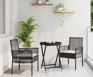 vidaXL Set bistro de grădină, 3 piese, cu perne, negru, poliratan