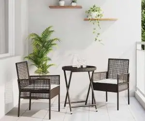 vidaXL Set bistro de grădină, 3 piese, cu perne, maro, poliratan