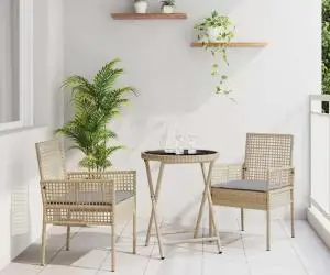 vidaXL Set bistro de grădină, 3 piese, cu perne, bej, poliratan