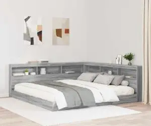 vidaXL Pat cu bibliotecă Gri Sonoma 200 x 200 cm, din lemn de inginerie
