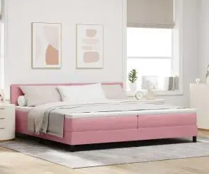 vidaXL Pat box spring cu saltea, roz, 200x200 cm, catifea