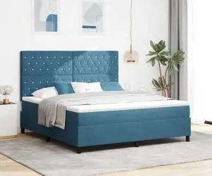 vidaXL Pat box spring cu saltea, albastru închis, super king, catifea