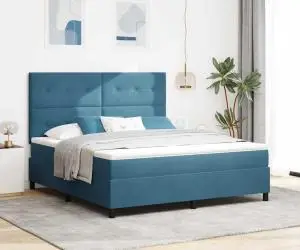vidaXL Pat box spring cu saltea, albastru închis, super king, catifea