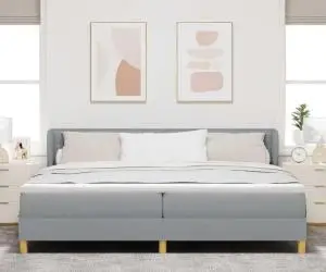 Pat box spring cu saltea, gri deschis, 200x200 cm, textil