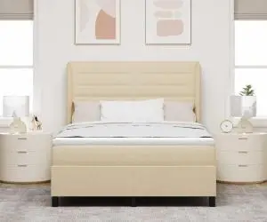 vidaXL Pat cu arcuri și saltea Crem 140x200 cm - țesătură de calitate