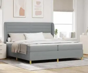 Pat box spring cu saltea, gri deschis, 200x200 cm, textil