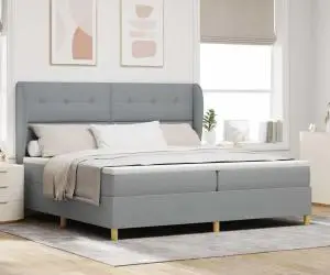 Pat box spring cu saltea, gri deschis, 200x200 cm, textil