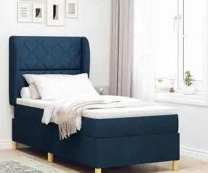 Pat box spring cu saltea, albastru, 90x190 cm, textil