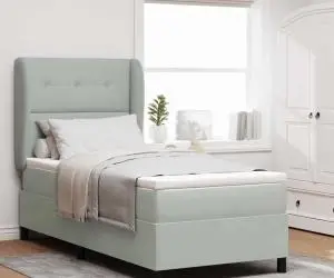 Pat cu saltea tip box spring , gri deschis, 90 x 200 cm, din catifea.