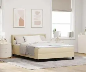 Pat Box Spring cu saltea crem, 140 x 200 cm, material textil