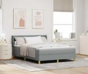 Pat Box Spring cu saltea gri deschis, 140x190 cm, textil.