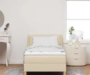 Pat cu arcuri și saltea în Crem, 90 x 190cm, din material textil.