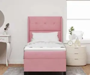 vidaXL Pat box spring cu saltea, roz, 90x200 cm, catifea