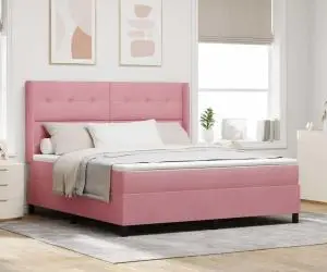 vidaXL Pat box spring cu saltea, roz, 180x200 cm, catifea