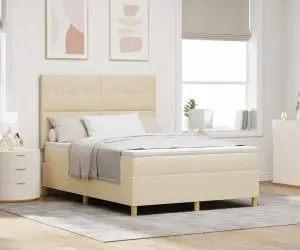 vidaXL Pat cu arcuri box și saltea & LED Crem 140x190 cm Material textil