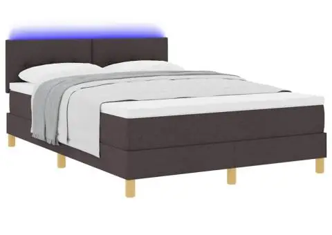 Pat box spring cu saltea & LED maro închis 140x200 cm țesătură - 3/5
