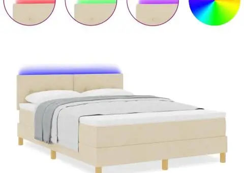 Pat cu arcuri cu saltea & LED Crem 140x200 cm Țesătură - 4/5