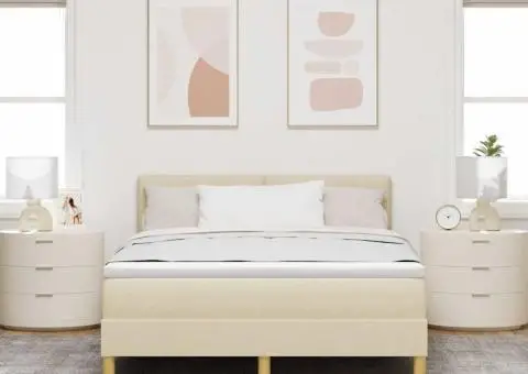 Pat cu arcuri cu saltea & LED Crem 140x200 cm Țesătură - 5/5