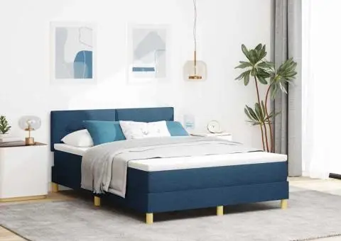 Pat cu arcuri box cu saltea & LED albastru 140x200 cm țesătură - 1/5