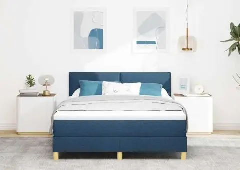 Pat cu arcuri box cu saltea & LED albastru 140x200 cm țesătură - 5/5