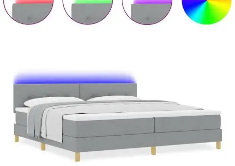 Pat cu arcuri cu saltea & LED Gri deschis 200x200 cm Țesătură - 4/5