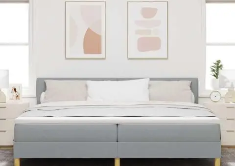 Pat cu arcuri cu saltea & LED Gri deschis 200x200 cm Țesătură - 5/5