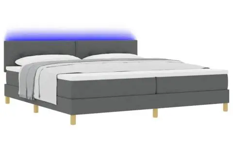 Pat cu Arcuri și Saltea & LED Gri Închis 200x200 cm Țesătură - 3/5