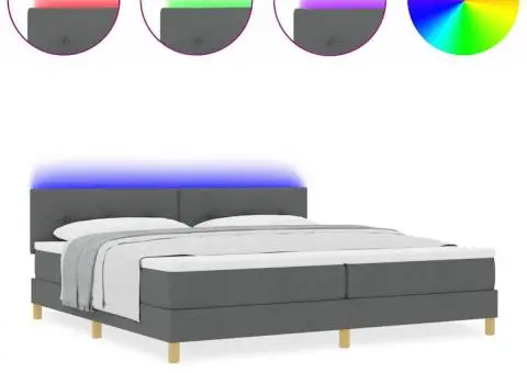 Pat cu Arcuri și Saltea & LED Gri Închis 200x200 cm Țesătură - 4/5