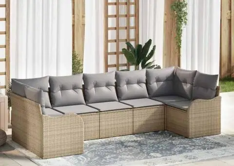 Set 7 piese canapea grădină cu perne Bej Ratan Poliester - 1/5