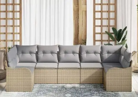 Set 7 piese canapea grădină cu perne Bej Ratan Poliester - 3/5